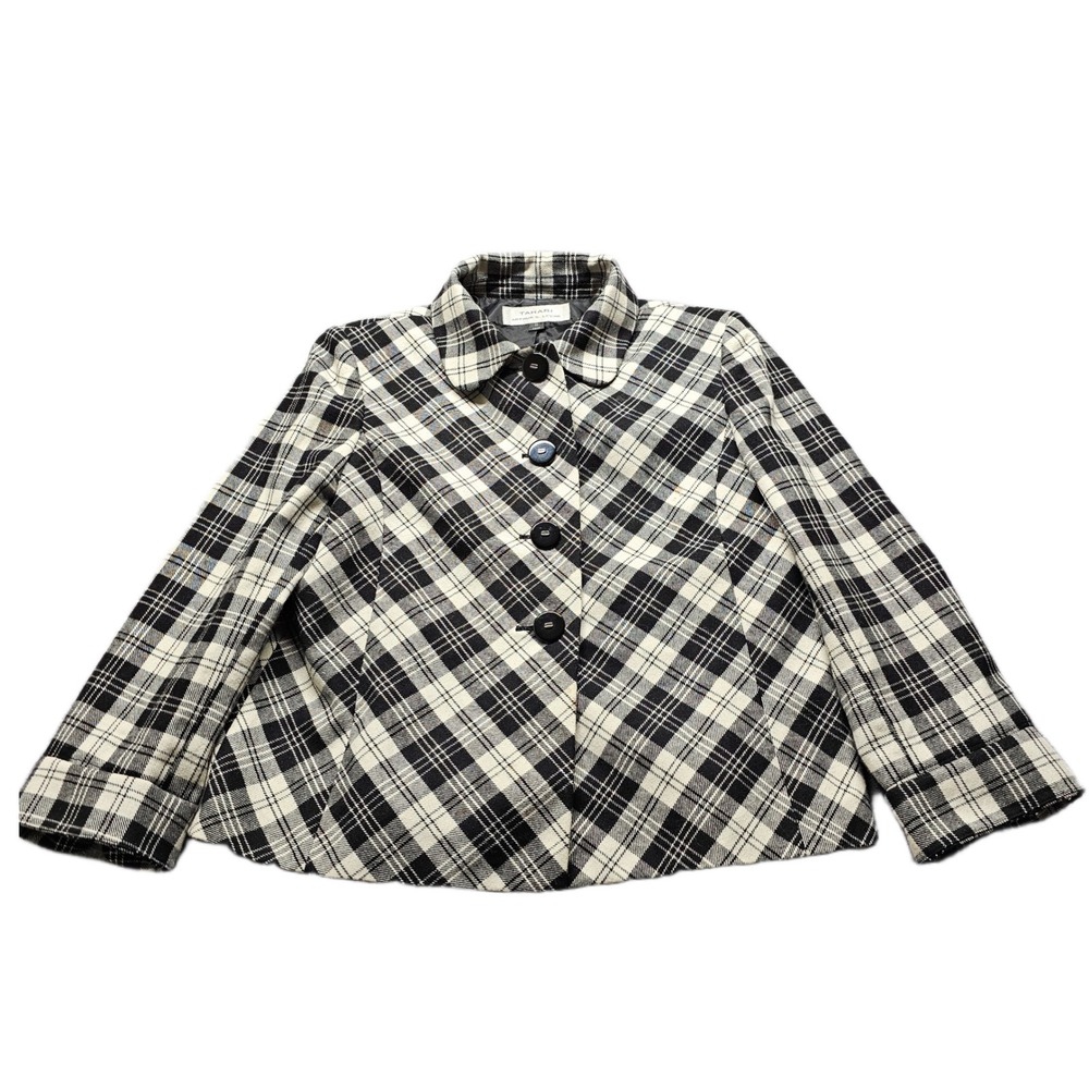 Tahari Arthur S. Levine Jacket Womens 10 Black White Plaid Wool Blend 9180M132